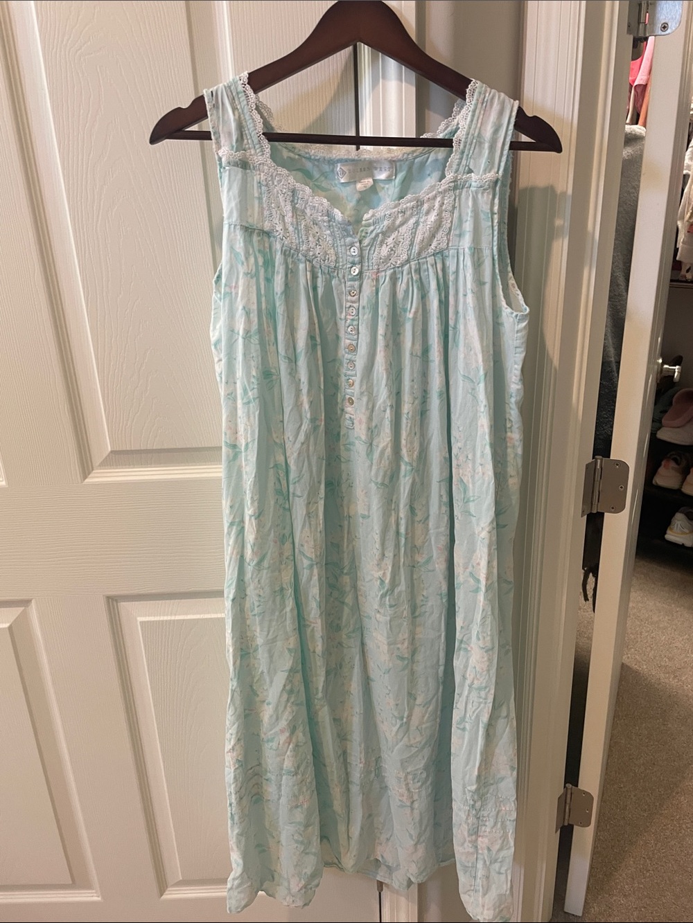 Eileen West Light Aqua Sleeveless Nightgown with Lace Yoke